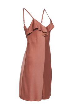 Be the life of the party in this A.L.C. beige crepe satin mini dress! This stylish number is perfect for your next girls' night out or special occasion, featuring terracotta beige shimmer, spaghetti straps, and tantalizing ruffles that make you look like you're ready to paint the town red. Slip on some mules and some glitzy gold jewelry to complete the perfect outfit. Get ready to turn heads! Size 2 58% Viscose, 42% Acetate Unlined Pullover Adjustable sleeveless straps Ruffle trim Bust 38" Waist Flirty Satin Finish Summer Dresses, Sleeveless Satin Finish Mini Dress For Night Out, Summer Party Midi Dress With Satin Finish, Summer Satin Finish Midi Dress For Parties, Sleeveless Ruffled Slip Dress For Party, Sleeveless Slip Dress With Ruffles For Party, Elegant Sleeveless Satin Dress With Ruffles, Summer Dresses With Satin Finish For Date Night, Summer Evening Satin Dress With Ruffles