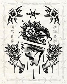 an old school tattoo design with flowers on the head and two women's heads