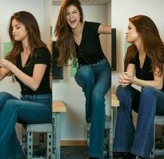 three pictures of a woman sitting on a stool and laughing with her hands in her pockets