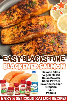 salmon fillets with lemon and parsley are on the menu for easy blackstone blackened salmon