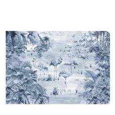 an image of flamingos in the water with palm trees and other tropical plants around them