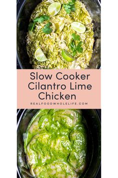 slow cooker cilantro lime chicken in a crock pot with text overlay