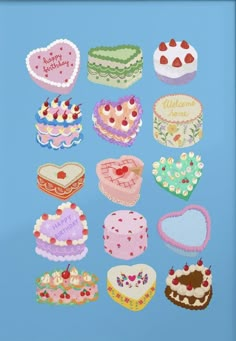 an image of many different cakes on a blue background