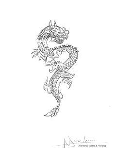 a black and white drawing of a dragon