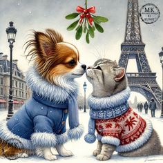 two dogs and a cat are kissing in front of the eiffel tower