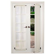 an open white door with sheer curtains on the front and side windows in the back