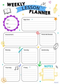 the weekly lesson planner is shown with notes and notes for each student's needs