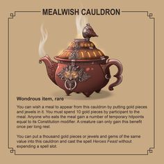 a teapot with steam coming out of it and the words meanish cauldron