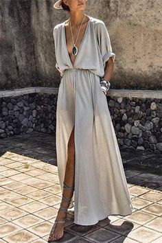 Plus Size Long Dresses, Plain Maxi Dress, Split Long Dress, Dress Sleeve Length, Split Maxi Dress, Half Sleeve Dresses, Split Dress, Maxi Robes