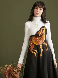 Fawn Heavy Embroidery Waist Arc Suspender Swing Dress – remulia Winter Cotton Dress With Embroidery, Winter Embroidered Cotton Dress, Winter Mini Cotton Dress, Casual Winter Dresses With Embroidery, Casual Embroidered Winter Dresses, Fall Cotton Sleeveless Mini Dress, Deer Dress, Deep In The Forest, Black Spaghetti Strap Dress