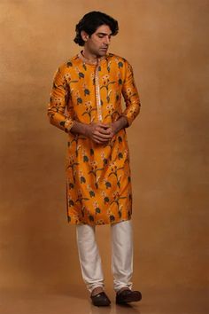 Shop for Masaba Yellow Raw Silk Spring Blossom Kurta for Men Online at Aza Fashions Raw Silk Kurta, Stylish Boy Clothes, Kurta For Men, Kurta Men, Silk Kurta, Embroidered Border, Blossom Print, Stylish Boys, Kurta With Pants