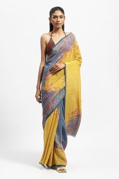 Yellow two tone saree with all over primrose prints. Comes along with a running blouse piece. - Aza Fashions Yellow Primrose, Satya Paul, Printed Sarees, Silk Crepe, Blouse Piece, Aza Fashion, Two Tone, Blouses For Women, Saree