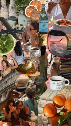 a collage of people eating oranges and drinking tea