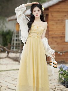 Spaghetti Strap Flower Detail Maxi ADress Size S M L XL Total Length Bust Waist 125 78 60 127 82 64 129 86 68 131 90 72 measurement is cm.Product Information Material: 100% Polyester Color: Set of 2 - Jacket & Dress - Off-White & Yellow - Jacket - One Size / Dress Casual Yellow Dress, Yellow Jacket, Flower Detail, Sierra Leone, Trendy Fashion Women, Color Set, Ethiopia, Guinea Bissau, Mozambique