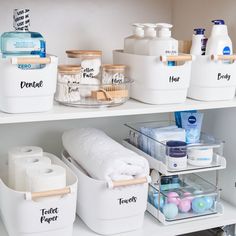 the shelves are filled with different types of toiletries