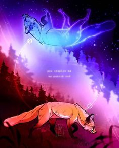 an image of two foxes in the night sky