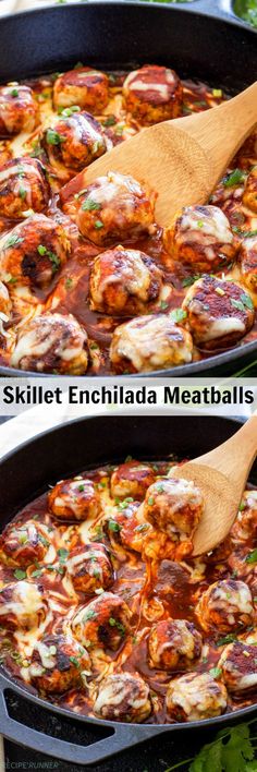 the skillet is filled with meatballs and sauces for an easy dinner or appetizer