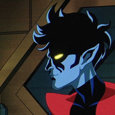 an animated image of a man with dark hair and yellow eyes looking off into the distance