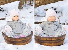 two pictures of a baby sitting in a basket with snow on the ground and wearing a white hat