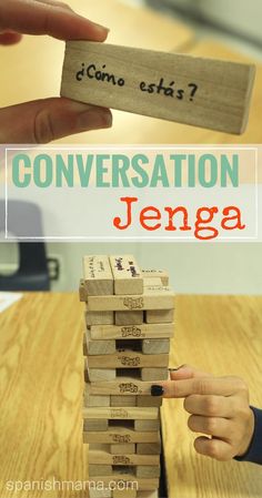 a person stacking wooden blocks on top of each other with the words conversation jennya