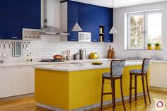 an image of a kitchen setting with blue and yellow colors on the cabinets in it