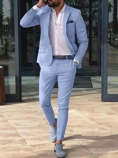 Mens Suits Sky Blue, Blue Mens Suit, Men Suits Blue, Sky Blue Suit, Linen Suits For Men, Beach Wedding Suits, Terno Slim, Blue Suit Men, Blue Tuxedos