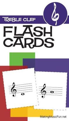 the cover of treble clef flash cards is shown with music notes on it