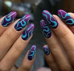 Nails With Red And Black, Teal Purple Nails, Purple Design Nails, Blue And Purple Nails, Swirl Nail Designs, Trippy Nails, Cloud Emoji, Summer Ombre Nails, Nails Vibrant