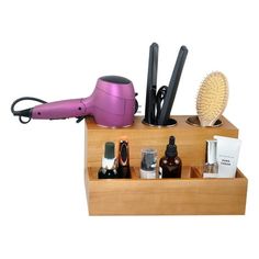 Tired of tangled cords and cluttered makeup tables? Organize your hair tools and products with the DUCIHBA Wood Bathroom & Hair Tools Organizer. Keep your bathroom clean and tidy while saving space. This multi-functional organizer features 3 stainless steel cups to hold all your hot tools and hair care products, such as hair dryers, straighteners, curling irons, brushes, and combs. The divided compartments securely hold items, making it easy to find and grab what you need for a great hair day. T Hair Tools Organizer, Blow Dryer Holder, Tools Organizer, Makeup Counter, Hair Tool Organizer, Hair Blow Dryer, Hair Care Tools, Hardware Resources, Hair Dryer Holder