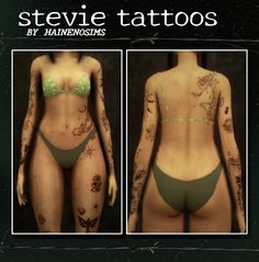 two pictures of women with tattoos on their body and in bikinis, both showing the same