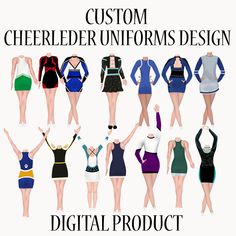 a group of women in different dresses standing next to each other with the words, custom cheerleader uniforms design digital product