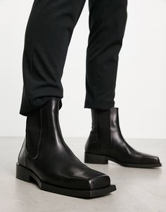 ASOS DESIGN - Stivaletti Chelsea in pelle nera con suola angolare | ASOS Square Toed Boots Outfit, Black Square Toe Boots, Square Toed Boots, Chelsea Boots Mens, Zara Boots, Trainer Heels, Boots Sneakers