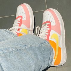 New In Box Custom Air Force 1 Super Cute Orange Pink Colorway! Each Pair Will Be Waterproofed And Sealed For Your Convenience Yes :) They Are Brand New, Unworn And Come In The Original Box. I Can Do All Sizes Message Me If You Have Specific Requests Before You Purchase If Theres A Part You Don't Want Painted/ Want Painted Thats Not Pictured Let Me Know. As Each Order Is Custom For You, All Sales Are Final. No Returns Nike Air Force 1 Orange Pink Sorbet Yellow Custom Air Force Air Force 1 Colorful, Orange Nike Shoes, Shoes Mens Sneakers, Painting Shoes, Painted Sneakers, Black Nike Shoes, Jordan Shoes Retro