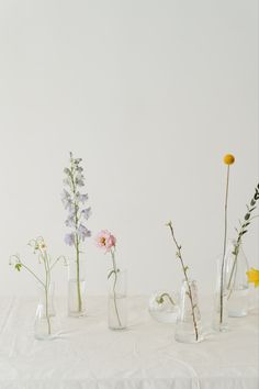 several vases with flowers in them sitting on a white tablecloth covered table cloth