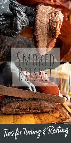 smoked brisket on cutting board with text overlay saying tips for turning and resting