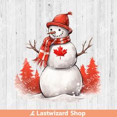 a snowman wearing a red hat and scarf with the canadian maple leaf on it