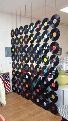 a wall made out of old record records