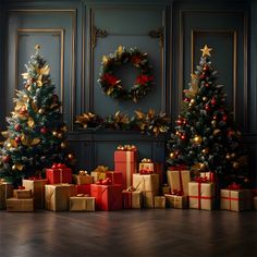 three christmas trees with presents under them in front of a wall decorated with gold and red ornaments