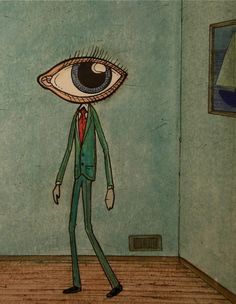 a drawing of a man with an eyeball on his head in front of a blue wall