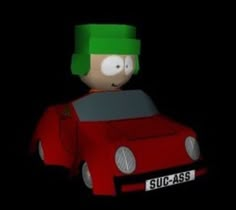 a paper model of a man with green hair in front of a red sports car