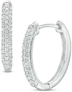 Zales 1/4 CT. T.W. Diamond Hoop Earrings in 10K White Gold White Diamond Sparkling Hoop Earrings, White Pave Hoop Earrings For Wedding, Sparkling White Diamond Hoop Earrings, White Diamond Hoop Earrings With Diamond Accents, White Diamond Hoop Earrings With Accents, White Hoop Earrings With Diamond Accents For Anniversary, Dazzling White Sparkling Hoop Earrings, Classic White Hoop Earrings With Pave Setting, Sparkling White Hoop Earrings For Anniversary