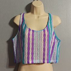 Wild Fable Women's Large Knit Crop Top Blue, Purple, White,Teal New With Tags Never Worn Measures Pit To Pit Unstretched 39", Shoulder To Hemline 16". Bin#145 Purple Knit Top For Spring, Trendy Purple Knit Tops, Casual Purple Knit Top, Purple Stretch Cotton Crop Top, Trendy Blue Knit Tank Top, Casual Purple Crop Top, Casual Multicolor Knit Crop Top, Casual Blue Knit Top For Beach, Purple Cropped Tank Top For Spring