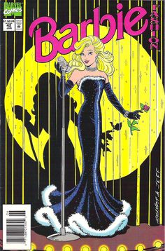 the cover to barbie magazine featuring a woman in a black dress