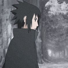 an anime character with black hair standing in the woods, looking at something behind him