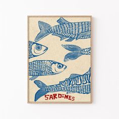 a blue and white drawing of fish on a beige background with the words sardines