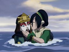 two anime characters in the water with one holding her face to another's chest