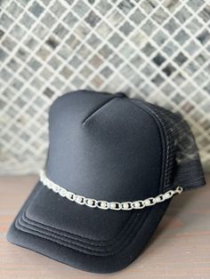 Custom handmade hat chain for your trucker hat personalization. Trendy Adjustable Hats With Chain Detail, Trendy Adjustable Hat With Chain Detail, Trendy Adjustable Hat With Chain, Handmade Adjustable Silver Hats, Adjustable Silver Baseball Cap, Silver Adjustable Baseball Cap, Adjustable Silver Hat As Gift, Pearl Hat, Hat Chain