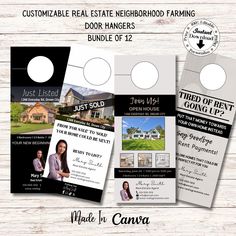 three door hangers with the words, customize real estate neighborhood farming