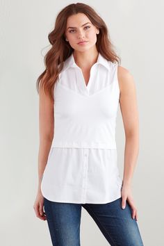 Layering Tank White Cheap Cream Tops For Layering, Cheap Tank Vest For Layering, Cheap White Vest For Layering, White Shirt Women, Sleeveless Chambray, Layered Style, Layering Tank Tops, White Collared Shirt, Head Style