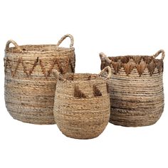 three woven baskets with handles and handles